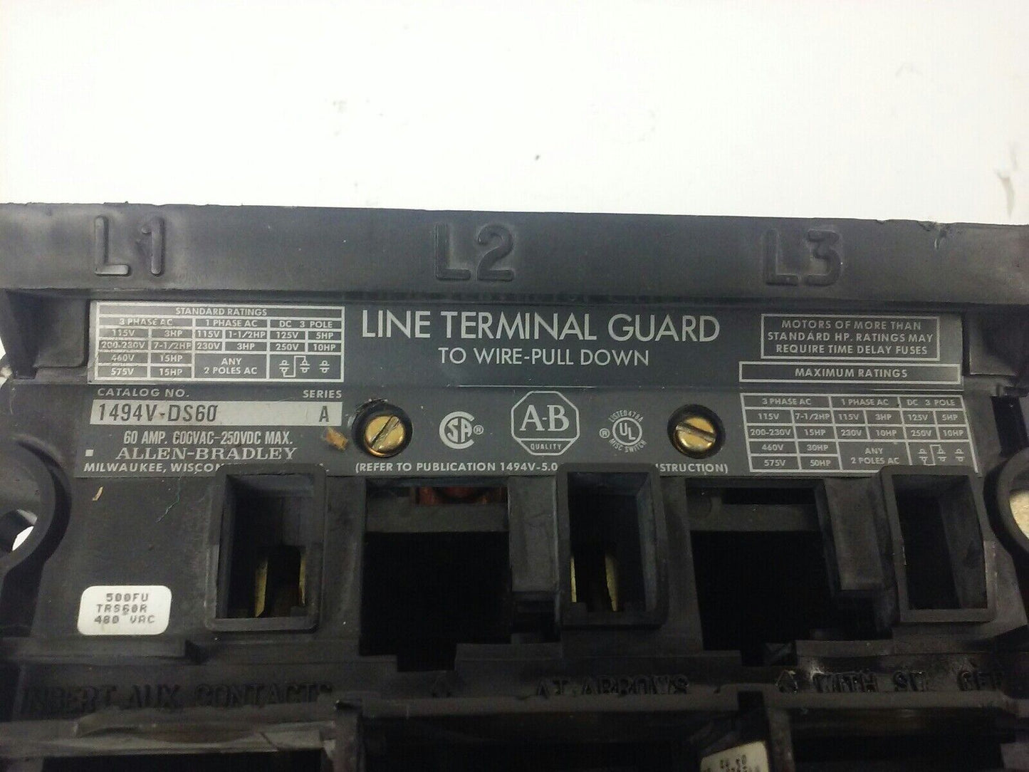 ALLEN BRADLEY 1494V-DS60 SER. A, FUSIBLE SWITCH, 3PH, 3P, 60A, 600V, 1494V-FS60