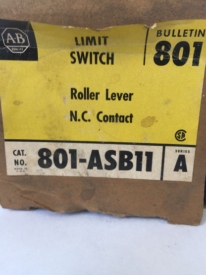 ALLEN BRADLEY 801-ASB11 LIMIT SWITCH ROLLER LEVER 600V AC/DC NC CONTACT