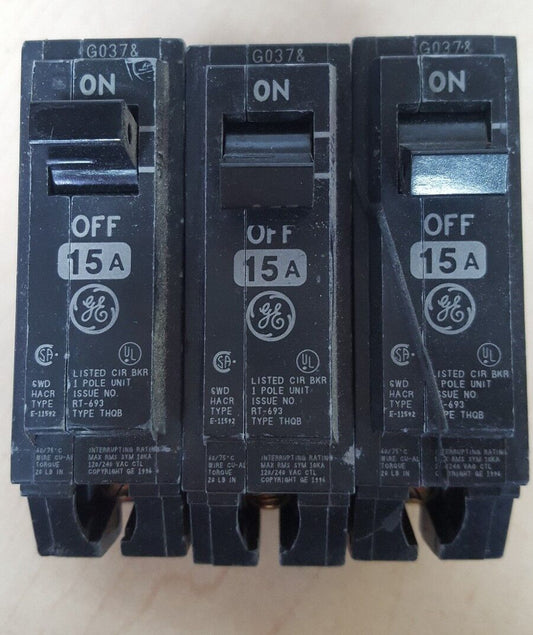 GE THQB1115 1 POLE 15 AMP CIRCUIT BREAKER THQB BOLT-ON lot of 3