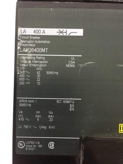 SQUARE D LAP36400MT CIRCUIT BREAKER 400A 250VDC 600VAC LA400A AL400LA LA11021