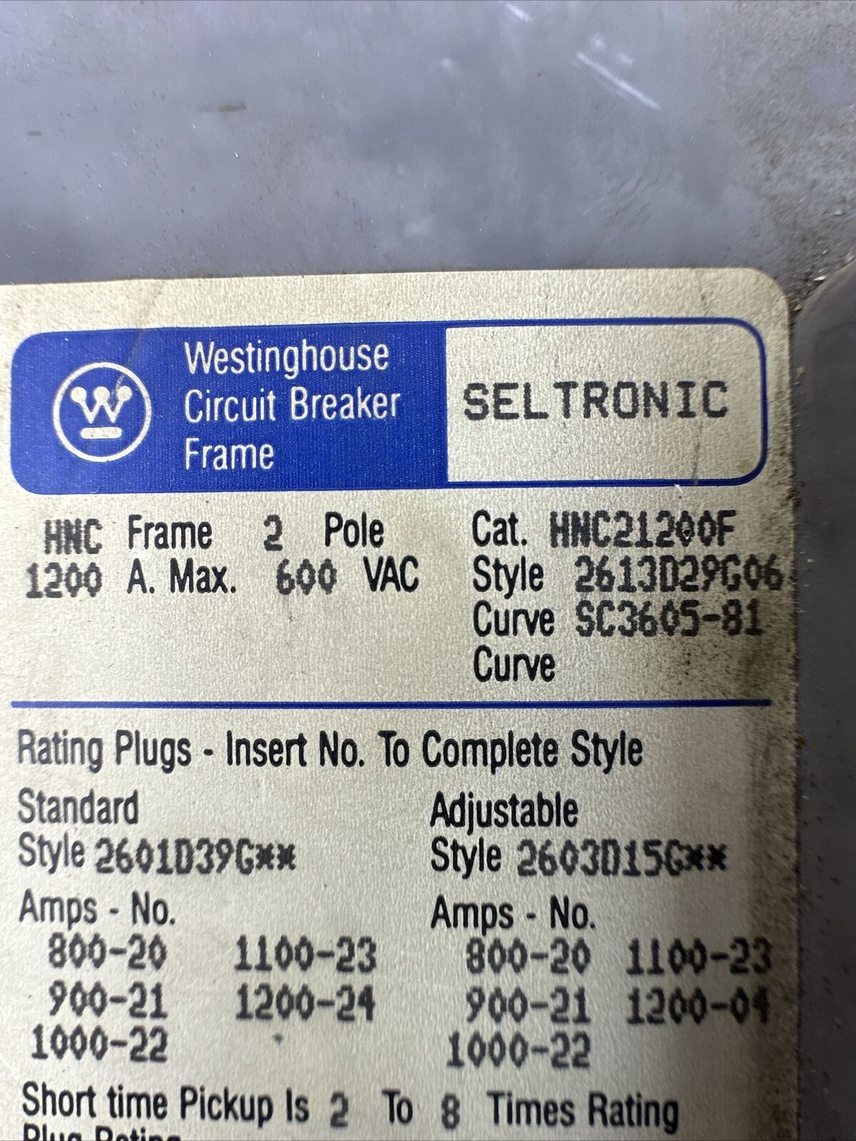 WESTINGHOUSE HNC21200F SELTRONIC CIRCUIT BREAKER 2P 1200AMP 600VAC NO TRIP PLUG