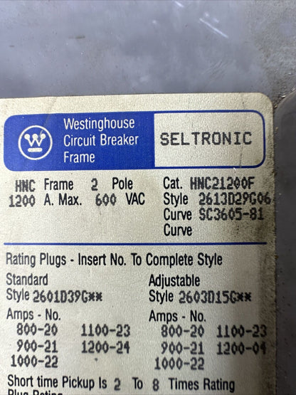WESTINGHOUSE HNC21200F SELTRONIC CIRCUIT BREAKER 2P 1200AMP 600VAC NO TRIP PLUG