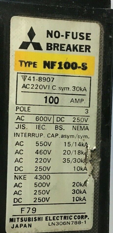 MITSUBISHI NF 100-S CIRCUIT BREAKER 100AMP 600VAC/250VDC 3POLE