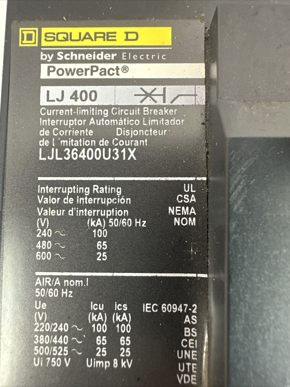SQUARE D LJL36400U31X POWER PACT CURRENT LIMITING CIRCUIT BREAKER 600VAC 400A 3P