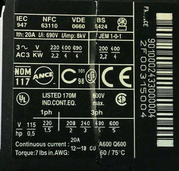 TELEMECANIQUE LP4K0901BW3, CONTACTOR, 600VAC 20A ***LOTOF3***