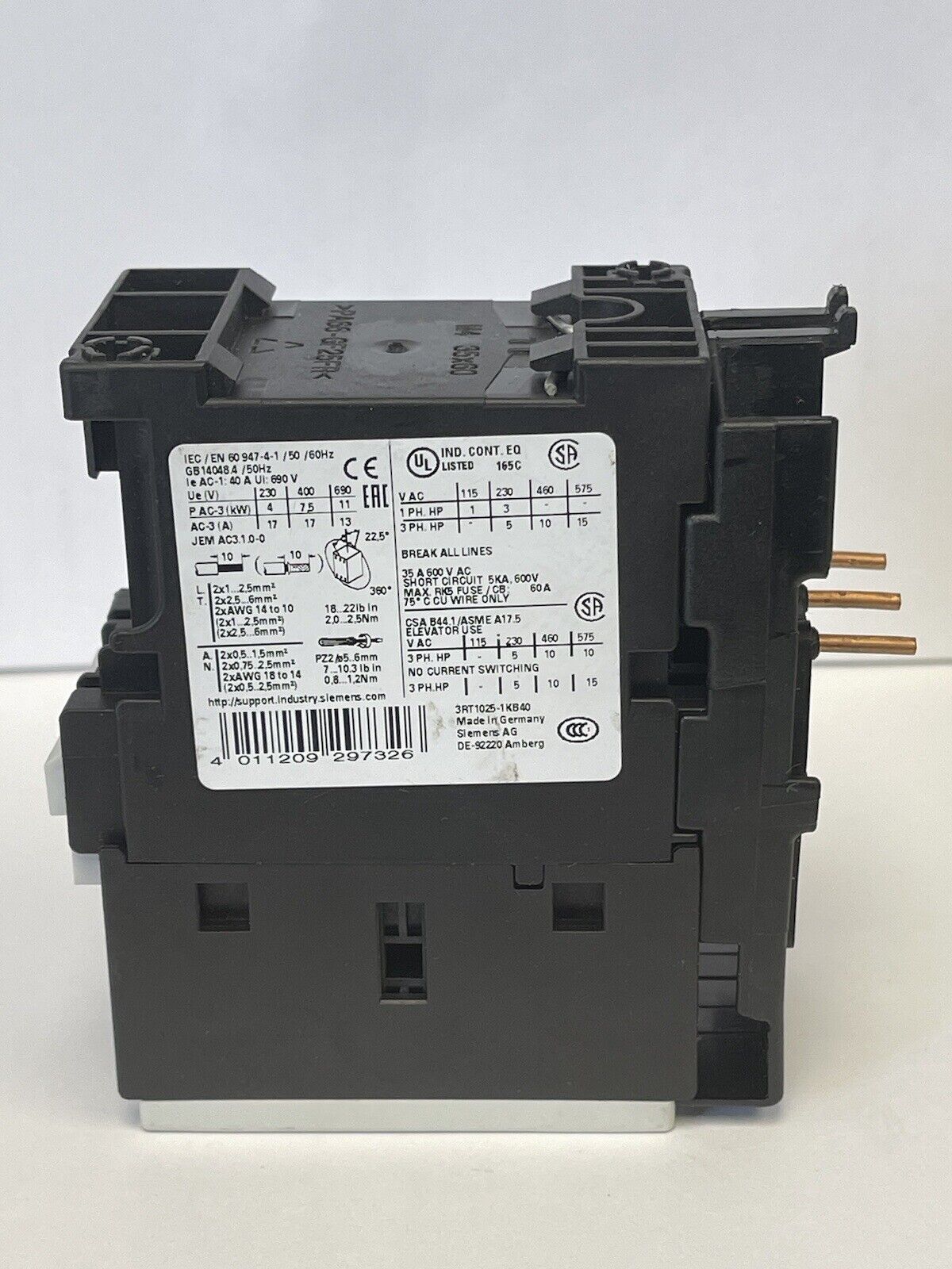 SIEMENS - 3RT1025-1K - CONTACTOR - AC-3 17 A, 7.5 kW / 400 V 230 V DC, 3-pole