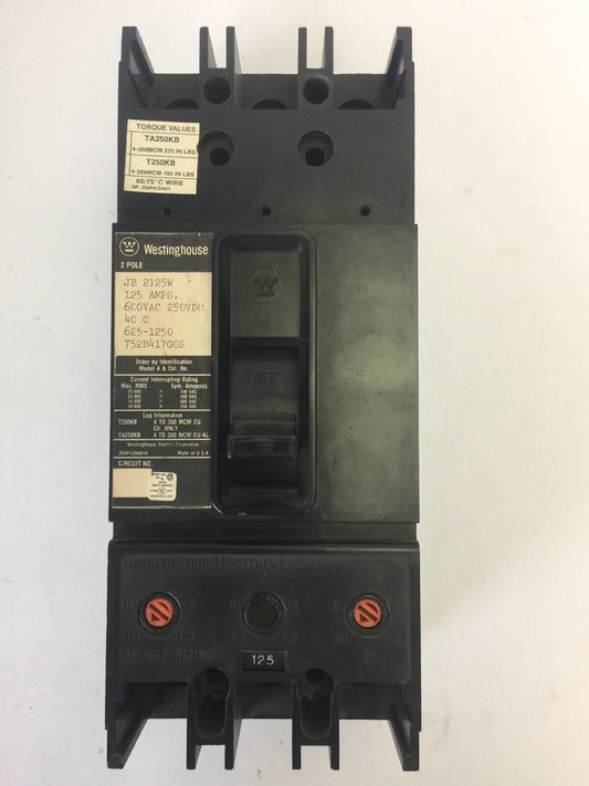 WESTINGHOUSE JB2125W CIRCUIT BREAKER 125AMPS 600VAC 250VDC 2 POLE