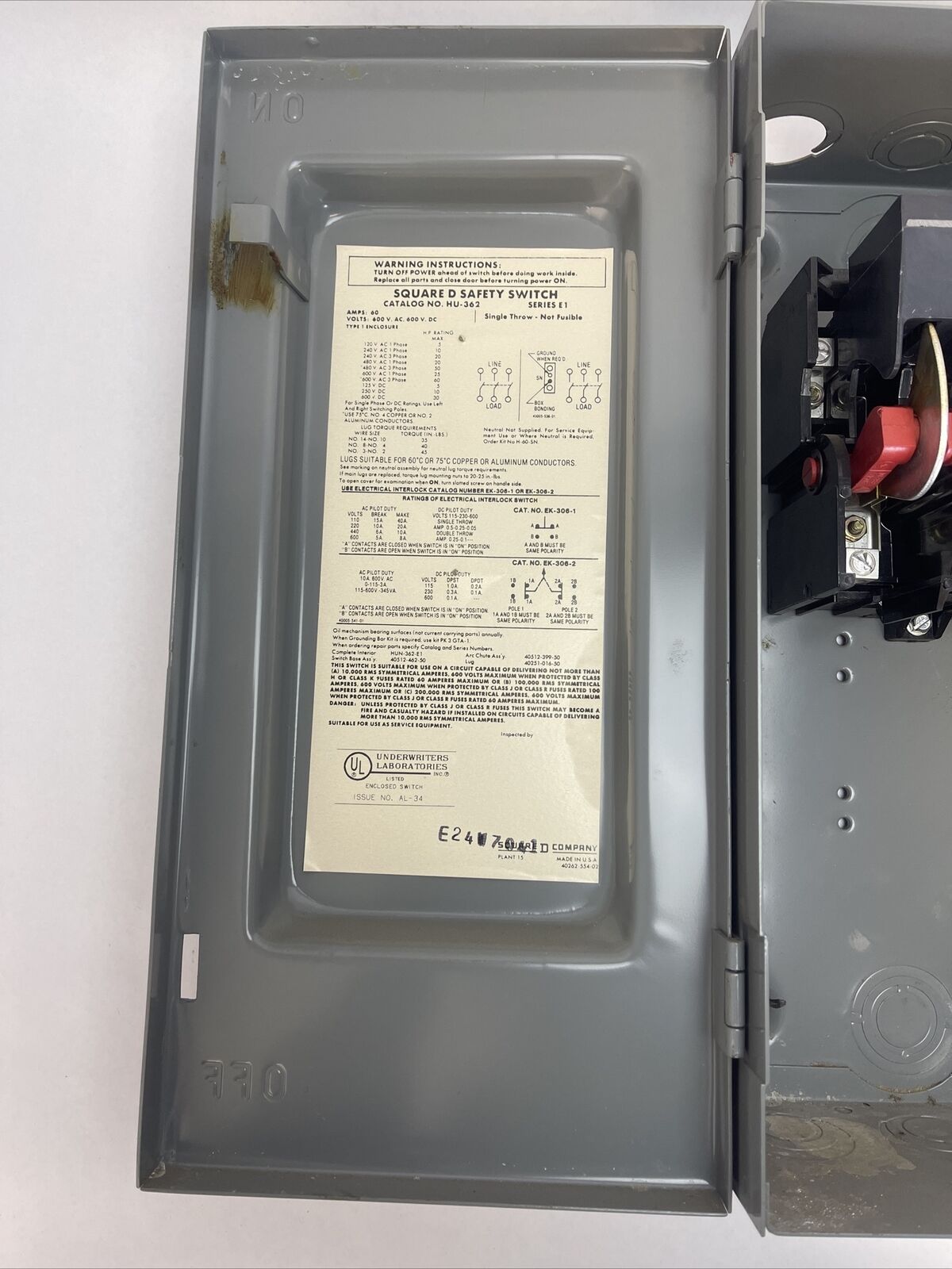 SQUARE D HU-362 NON-FUSIBLE SAFETY SWITCH 600V 60AMP 3POLE 60HP SERIES E1