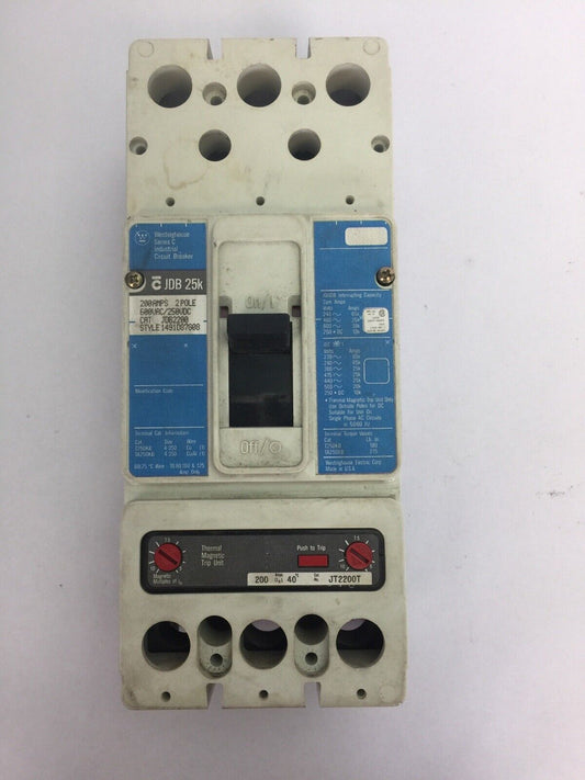 WESTINGHOUSE JDB2200 CIRCUIT BREAKER SER C 600VAC 250VDC 200A 2P JT2200T TRIP