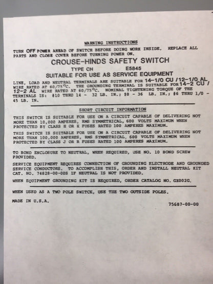 CROUSE-HINDS HU363 SAFETY SWITCH HEAVY DUTY 100A 600VAC 3 POLE TYPE 1 ENCLOSURE