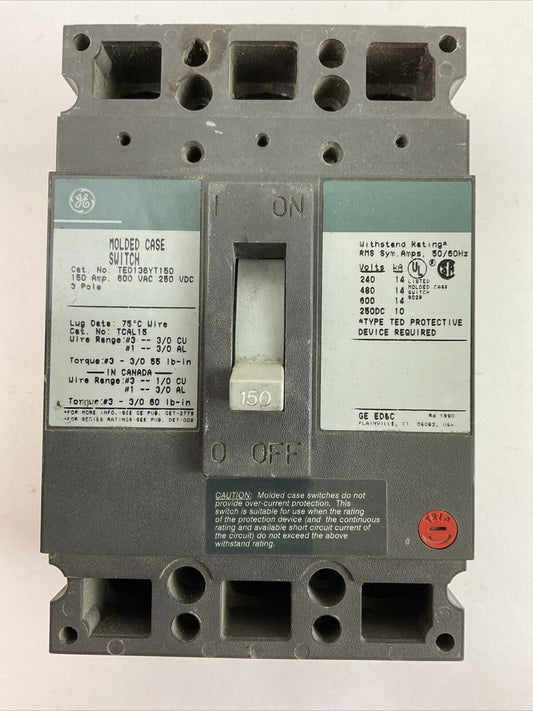 GE TED136YT150 MOLDED CASE SWITCH 3POLE 150AMP 600VAC 250VDC NO SHUNT TRIP