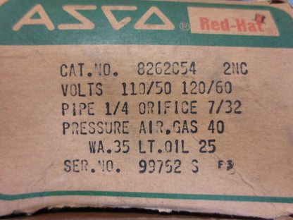 ASCO 8262C54 RED-HAT VALVE 120/60 110/50 1/4" PIPE 6W 25-40psi - NEW SURPLUS