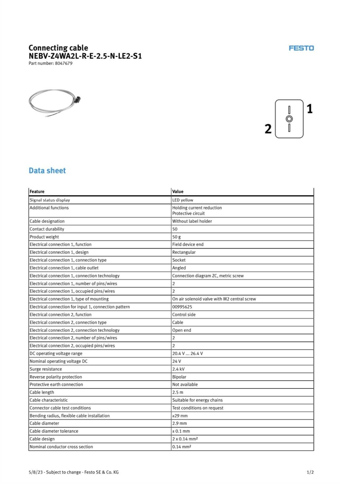 FESTO - NEBV-Z4WAS2L-R-E-2.5-N-LE2-S1 - CONNECTING CABLE - 8047679