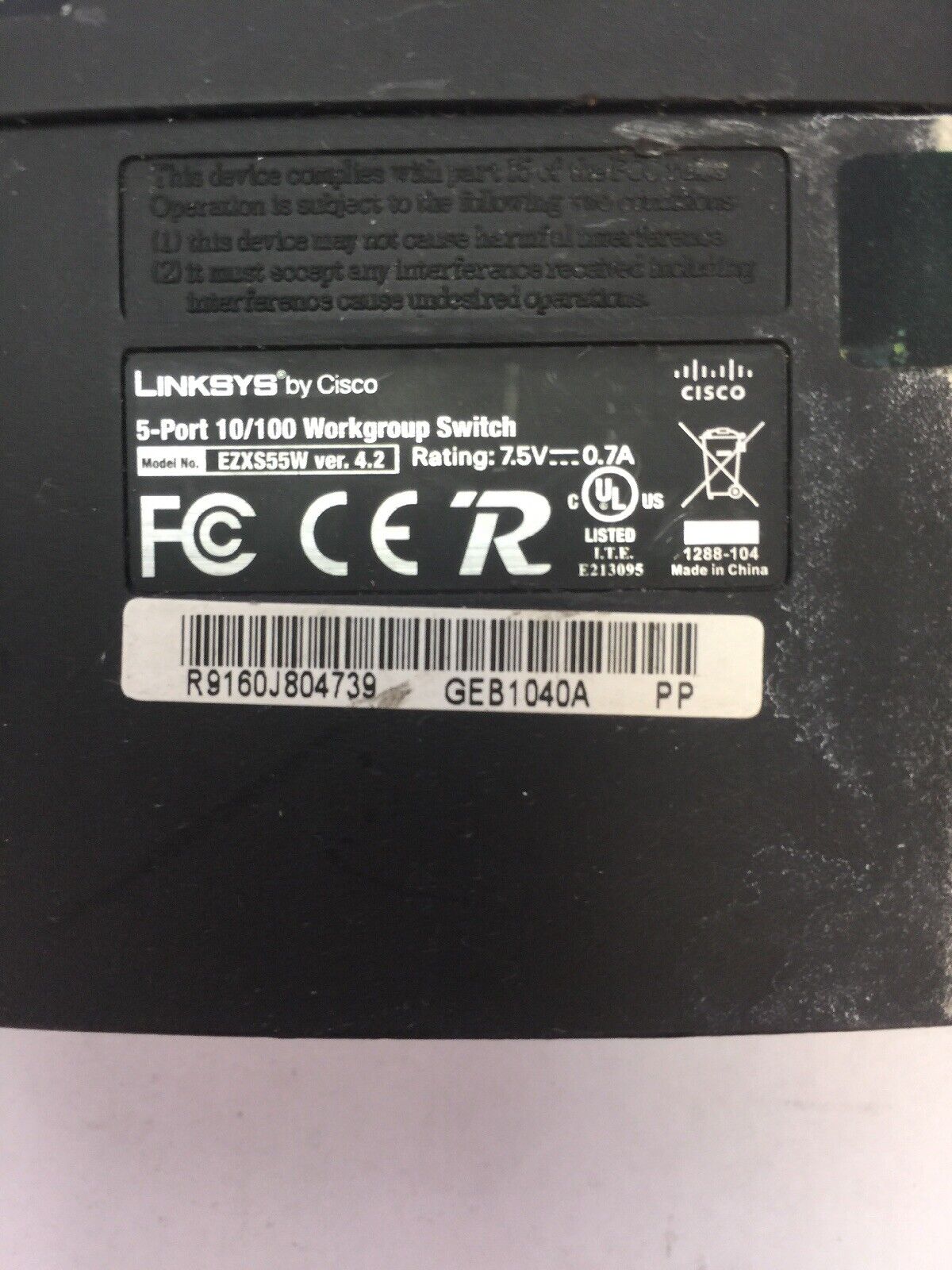 CISCO LINKSYS EZXS55W 5-PORT 10/100 WORKGROUP SWITCH VER. 4.2