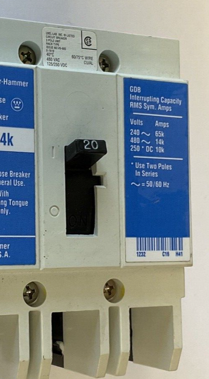 WESTINGHOUSE GDB 14K CIRCUIT BREAKER 20A 480VAC 3POLE 50/60HZ