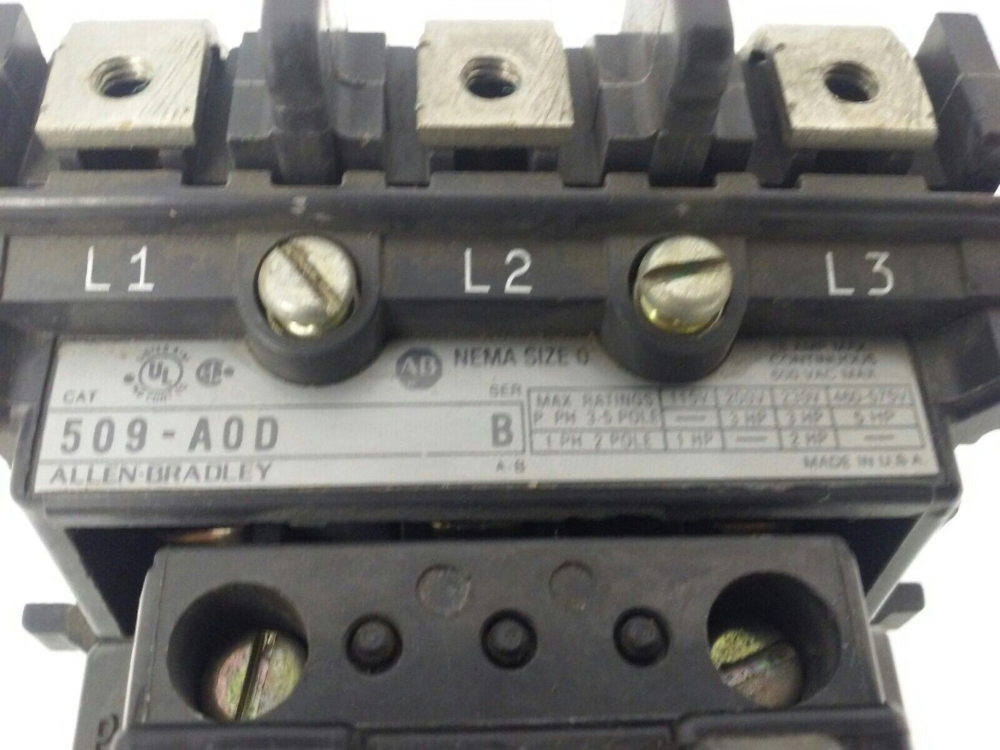 ALLEN BRADLEY 509-AOD, SER. B, STARTER, SIZE 0, 600V, 18A, 5 H.P.,120V COIL,USED