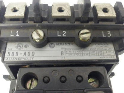 ALLEN BRADLEY 509-AOD, SER. B, STARTER, SIZE 0, 600V, 18A, 5 H.P.,120V COIL,USED