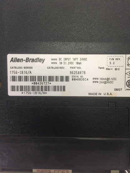 ALLEN BRADLEY 1756-IB16 DC INPUT 16PT 24VDC 10-31.2VDC 10mA SER A F/W REV. 3.2