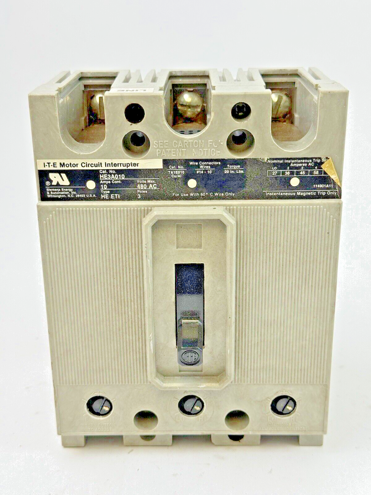 ITE - HE3A010 - MOTOR CIRCUIT INTERRUPTER - 10 A/3 POLE/480 VAC/TYPE HE ETI