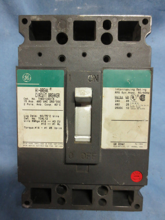 GE THED124015 HI-BREAK CIRCUIT BREAKER 15A 2-POLE 480VAC 250VDC