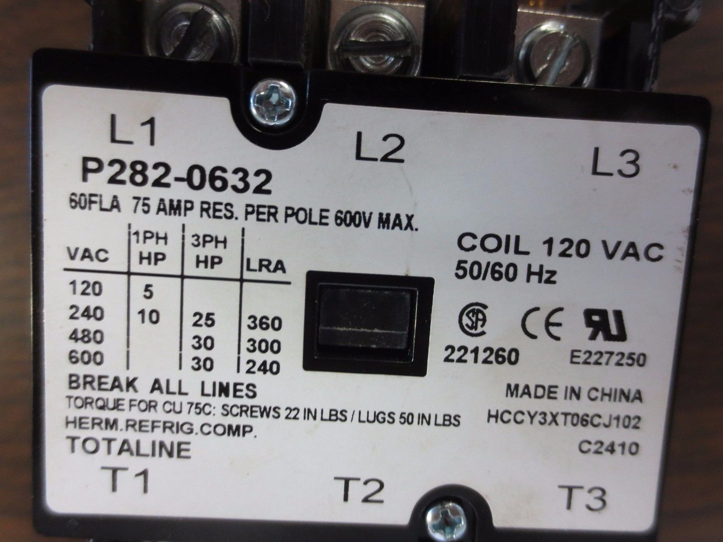 TOTALINE P282-0632 CONTACTOR - 120V COIL - 75A, 600V