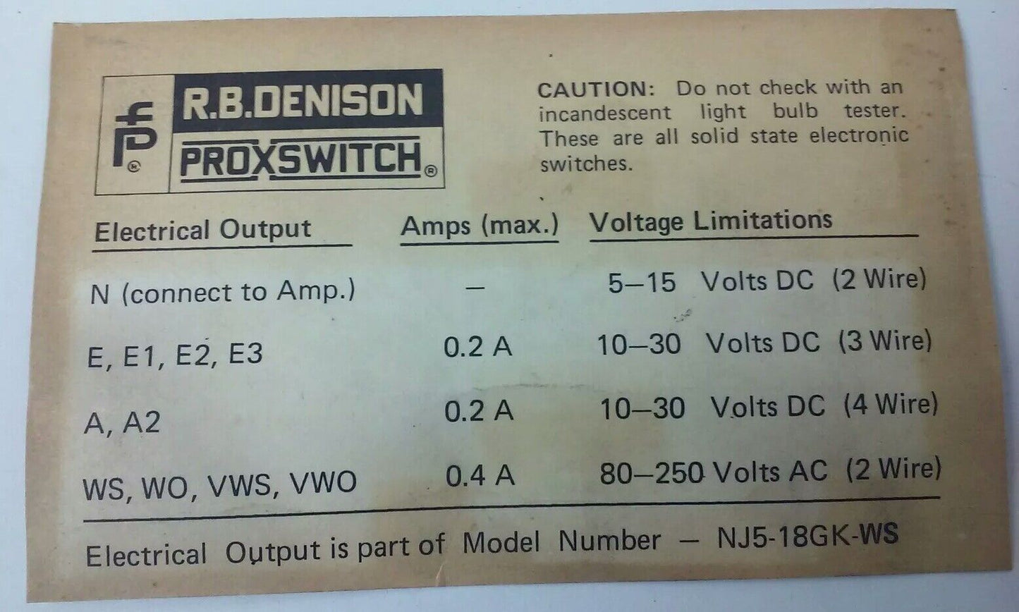 R.B.DENISON NJ15+B+VN, PROXIMITY LIMIT SWITCH, BULLENTIN 900, NEW SURPLUS