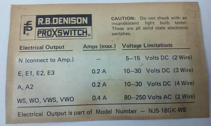 R.B.DENISON NJ15+B+VN, PROXIMITY LIMIT SWITCH, BULLENTIN 900, NEW SURPLUS