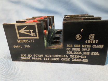 CONNECTRON (?) MR633-77 FUSE HOLDER BLOCK 30A AMP 600V - LESS FUSES