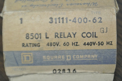SQUARE D / 31111-400-62 RELAY COIL, 8501 L / 440V, 50Hz / 480V, 60 / NEW SURPLUS