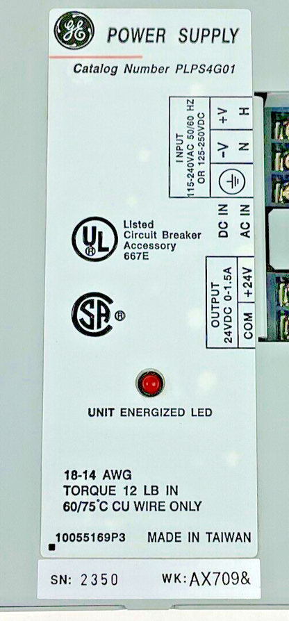 GENERAL ELECTRIC PLPS4G01 POWER SUPPLY 18-14 AWG 24VDC 0-1.5A