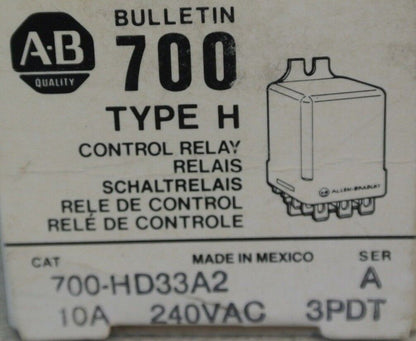 ALLEN-BRADLEY 700-HD33A2 Ser. A / TYPE H CONTROL RELAY / 10A / 3PDT NEW SURPLUS