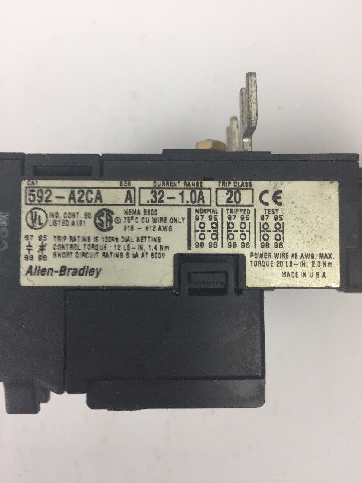 ALLEN BRADELY 592-A2CA OVERLOAD RELAY SER A CURRENT RANGE .32-1.0A TRIP CLASS 20