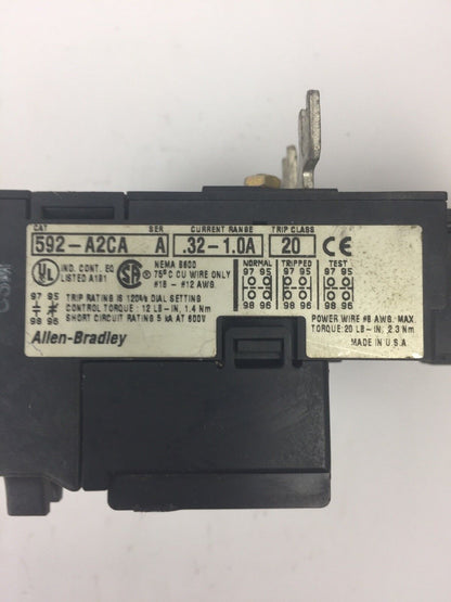 ALLEN BRADELY 592-A2CA OVERLOAD RELAY SER A CURRENT RANGE .32-1.0A TRIP CLASS 20