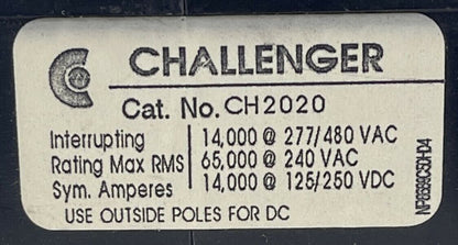 CHALLENGER CH2020 CIRCUIT BREAKER 20AMP 2POLE 277/480VAC 125/250VDC