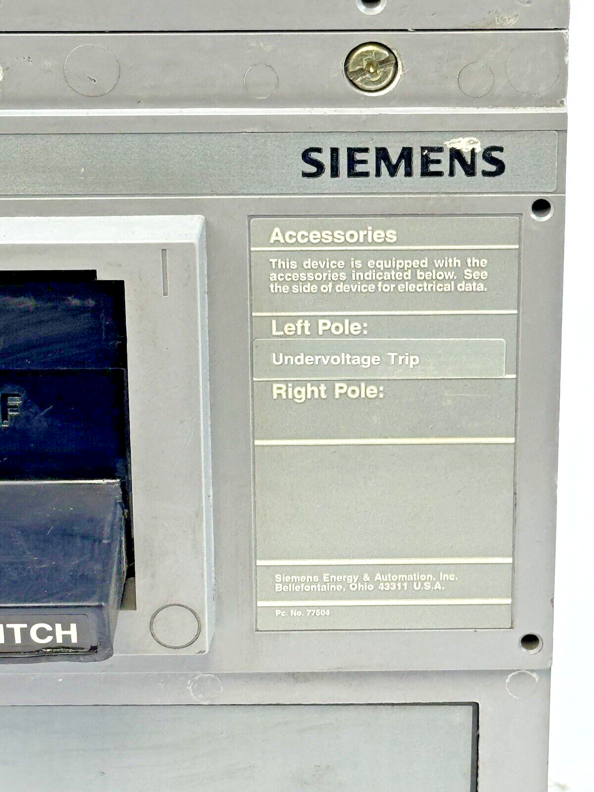 SIEMENS - LXD62S600A - SWITCH W/ U10JLD6 UNDERVOLTAGE TRIP - 2 POLE/600A/600VAC
