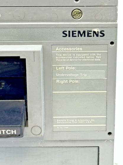 SIEMENS - LXD62S600A - SWITCH W/ U10JLD6 UNDERVOLTAGE TRIP - 2 POLE/600A/600VAC