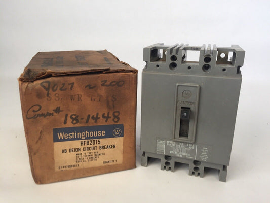 WESTINGHOUSE HFB2015 AB DE-ION CIRCUIT BREAKER 15AMP 600VAC 250VDC 2P 4976D04G18