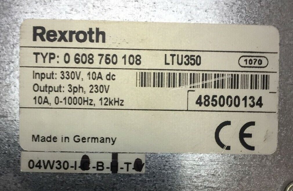 REXROTH TYP: 0 608 750 108 LTU350 INPUT 330VDC 10A OUTPUT 3PH 230V 10A