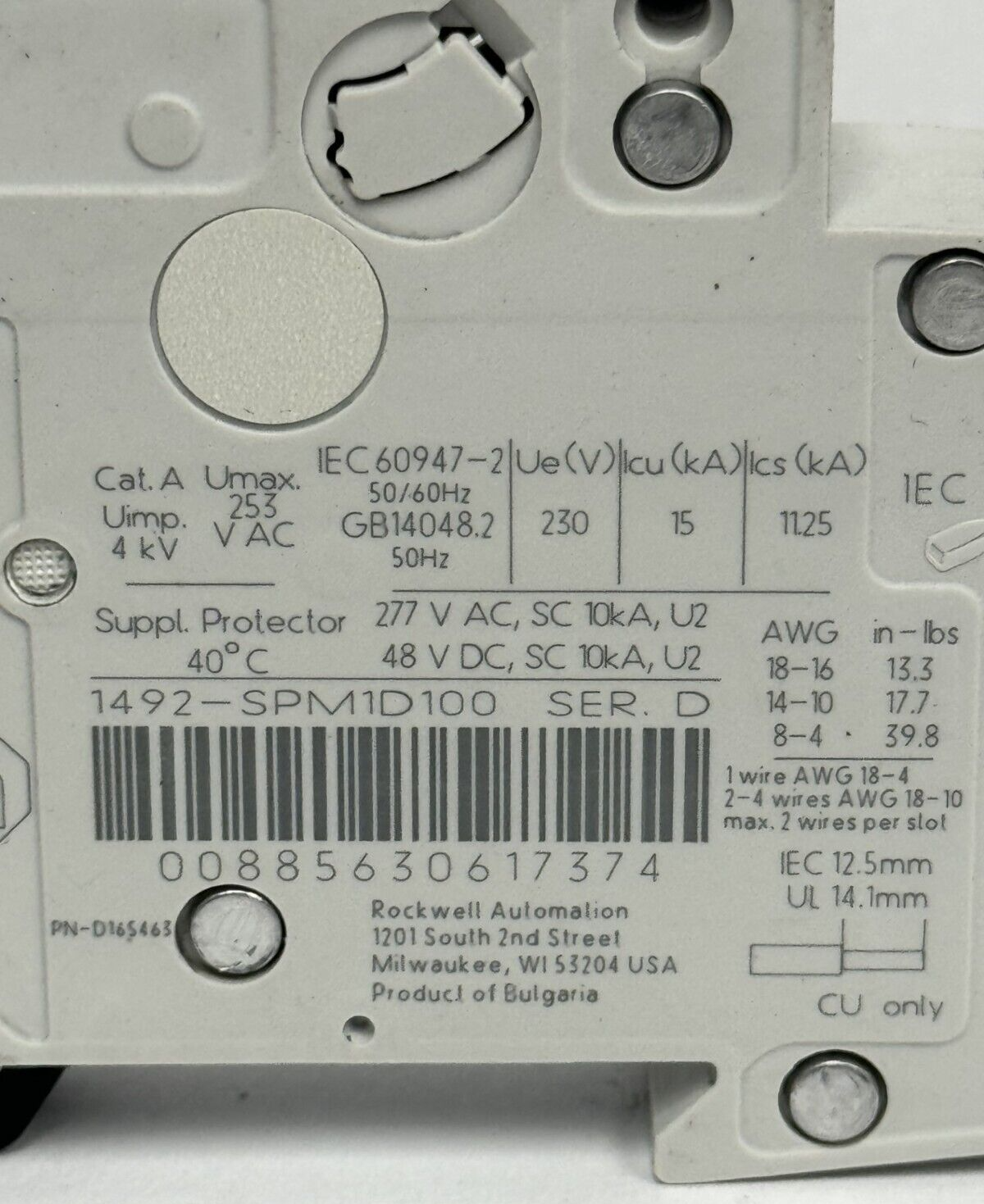 ALLEN-BRADLEY - 1492-SPM1D100 SER. D - CIRCUIT BREAKER - 1 P, 10 A, 277 V