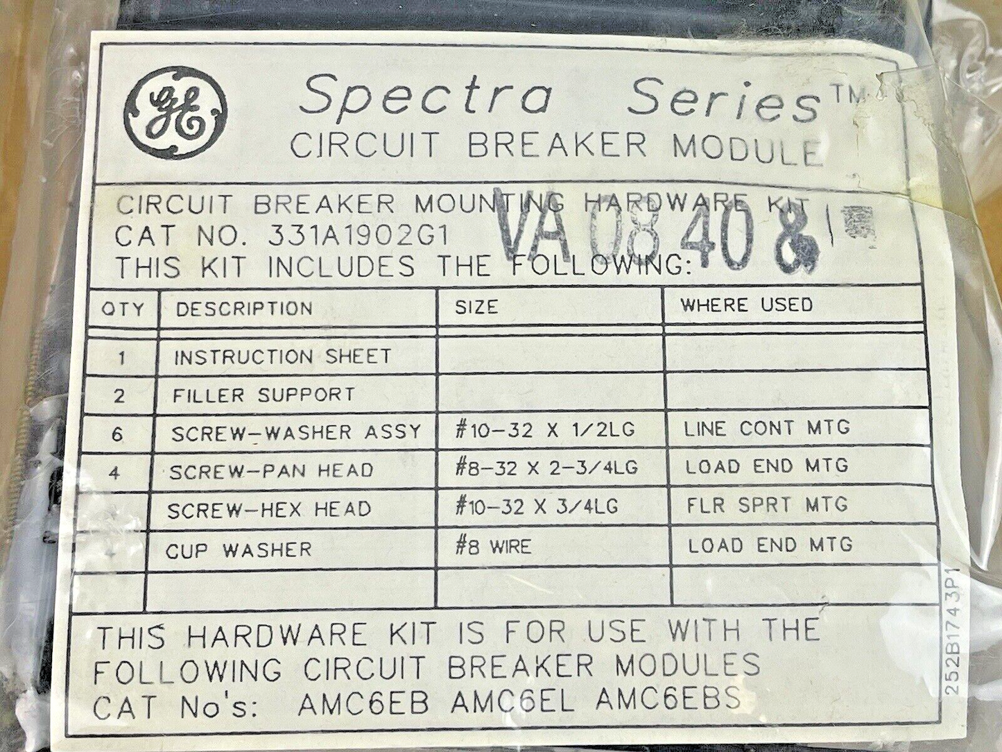 GE - AMC6EB - SPECTRA SERIES CIRCUIT BREAKER MODULE WITH MOUNTING HARDWARE - NEW