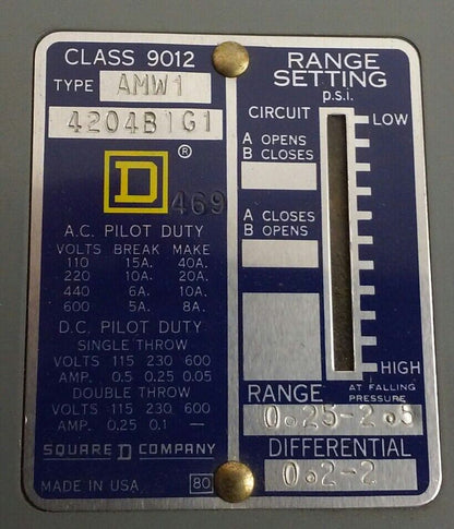 SQUARE D 9012 AMW-1 PRESSURE SWITCH RANGE .25-2.5 PSI DIFFERENTIAL .2-2 PSI