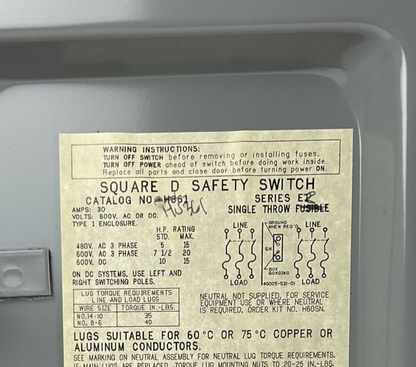SQUARE D HU361 SAFETY SWITCH NON-FUSIBLE SER.ER  30A 600V