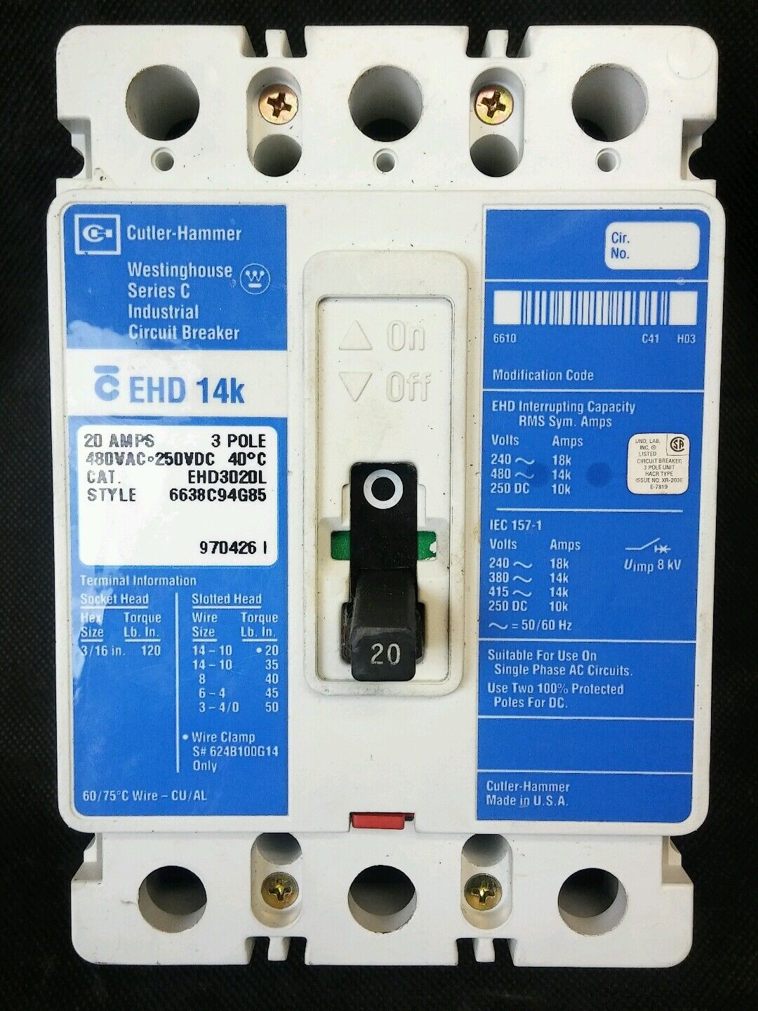 Cutler Hammer EHD EHD3020L 20 Amp 3 Pole 480 VAC 250 VDC Circuit Breaker