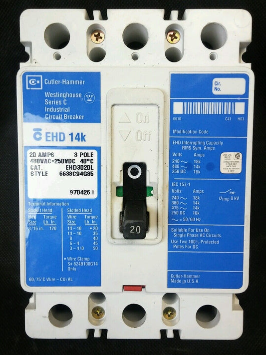 Cutler Hammer EHD EHD3020L 20 Amp 3 Pole 480 VAC 250 VDC Circuit Breaker