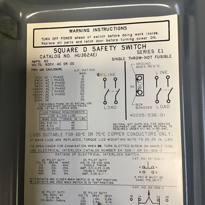 SQUARE D HU362AEI SAFETY SWITCH SER.E1 60A  NON FUSIBLE 600VAC/VDC 240VAC