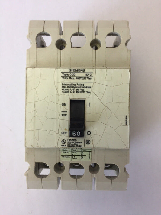 SIEMENS CQD360 CIRCUIT BREAKER 60 AMP 480Y/277 VAC 3 POLE