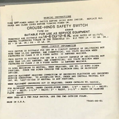 CROUSE-HINDS HU361AW HEAVY DUTY SAFETY SWITCH 30A 600VAC 3 POLES MODEL 4