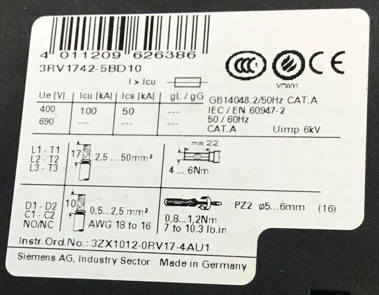 SIEMENS 3RV1742-5BD10 CIRCUIT BREAKER 480VAC 15A