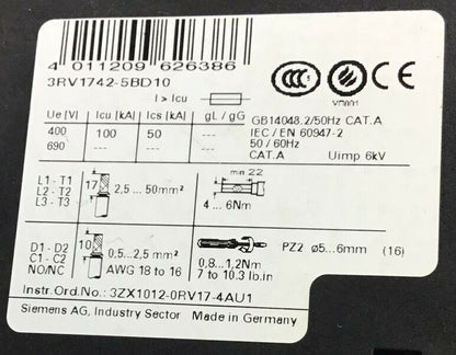 SIEMENS 3RV1742-5BD10 CIRCUIT BREAKER 480VAC 15A
