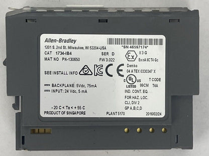 ALLEN BRADLEY 1734-IB4 SER D FW 3.022 INPUT MODULE BACKPLANE 5VDC 75mA INPUT 24V